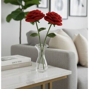 Boundleof2 Handmade Crochet Red Rose Flower Gift Idea Romantic Home Office Decor
